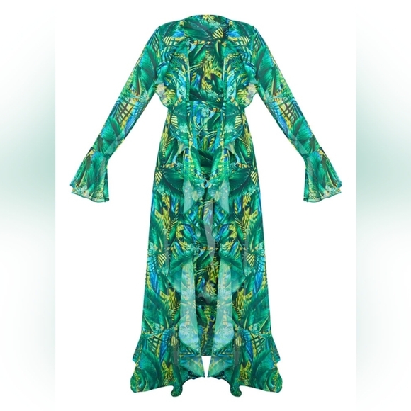 New Green Long Kimono Tropical Leaf Print XL By Pretty Little Thing - Picture 13 of 13